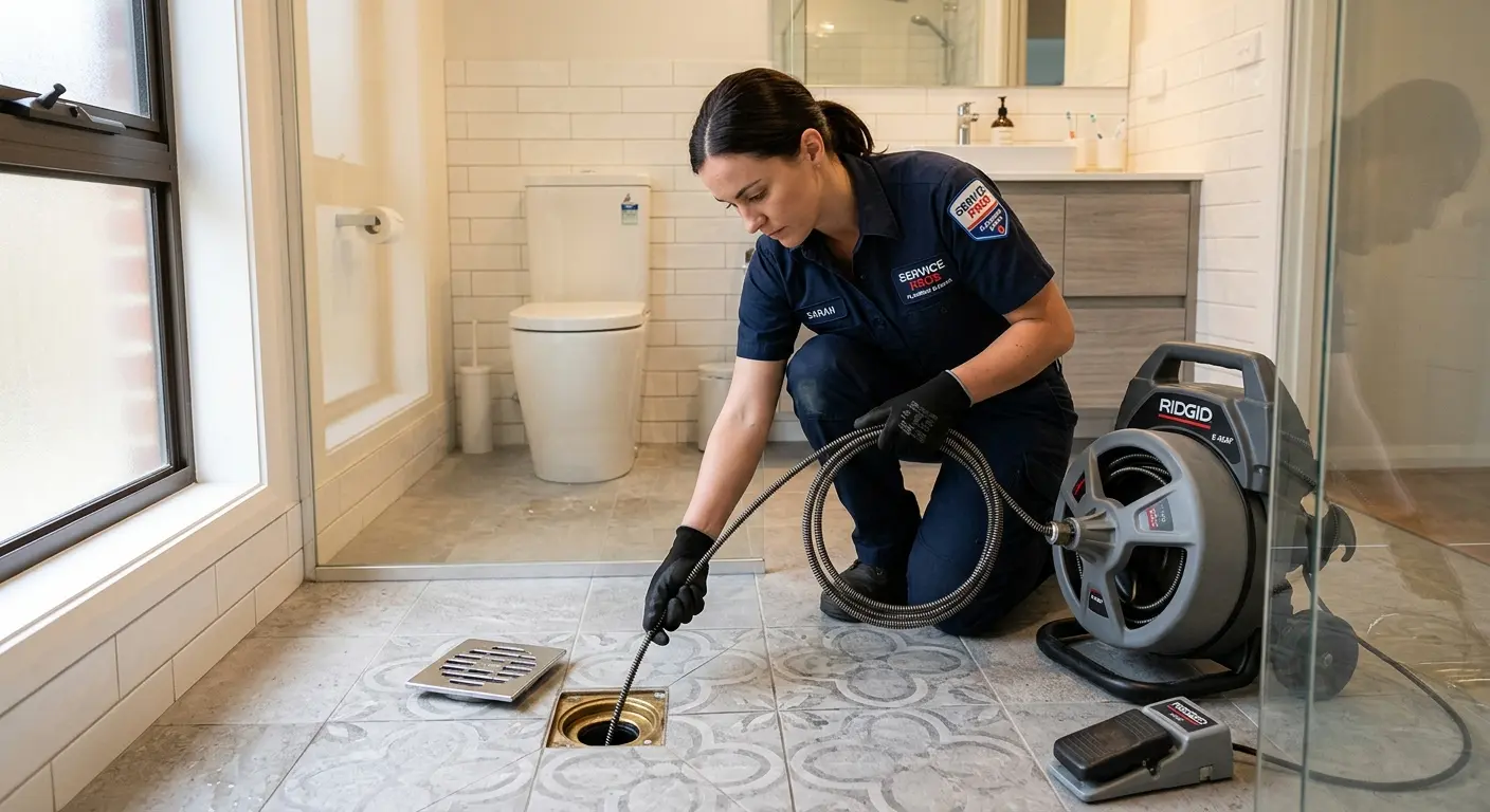 Technician clearing a bathroom floor drain for Hydro Jetting in Kannapolis